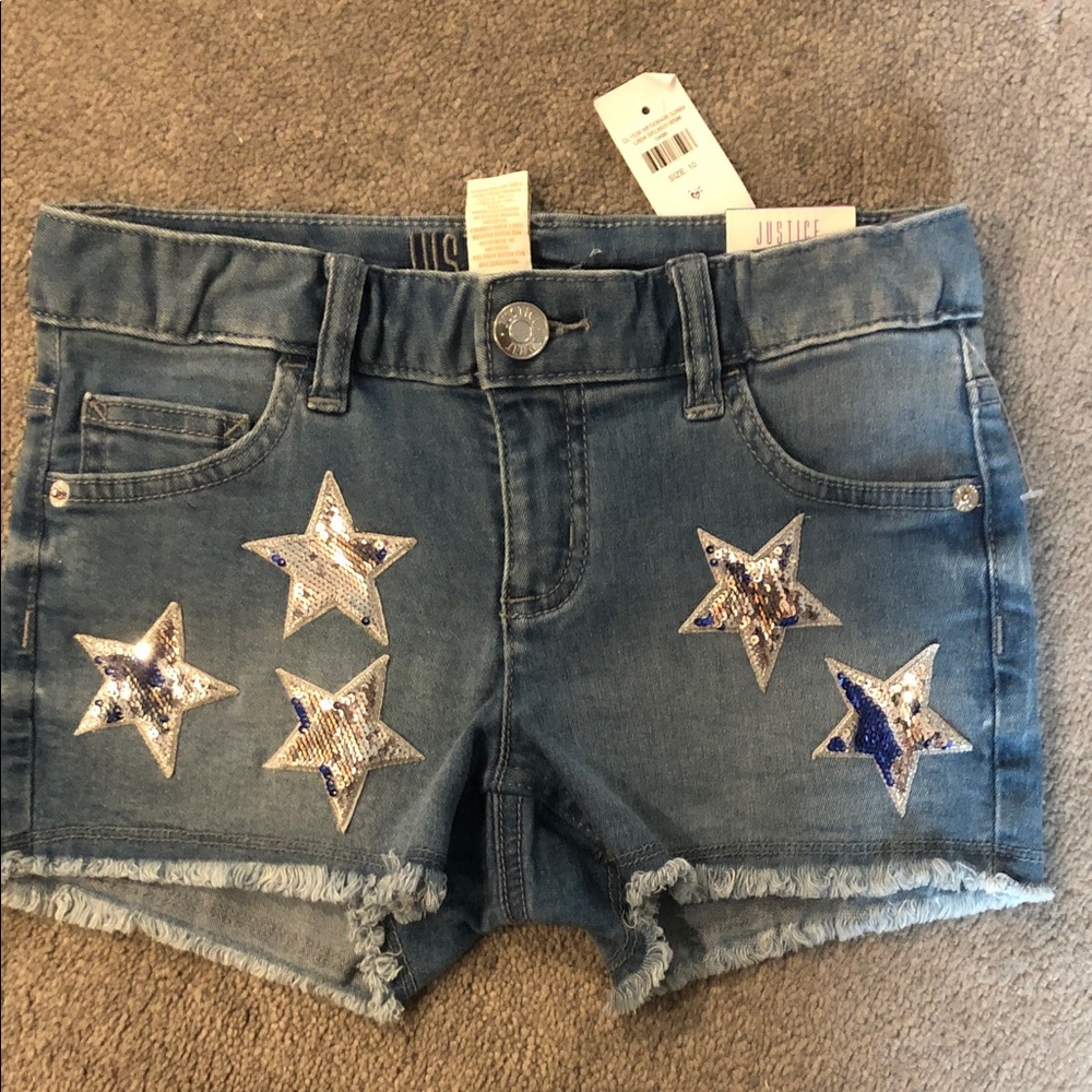 NWT Justice Denim Shorts with Silver and Blue Star Details